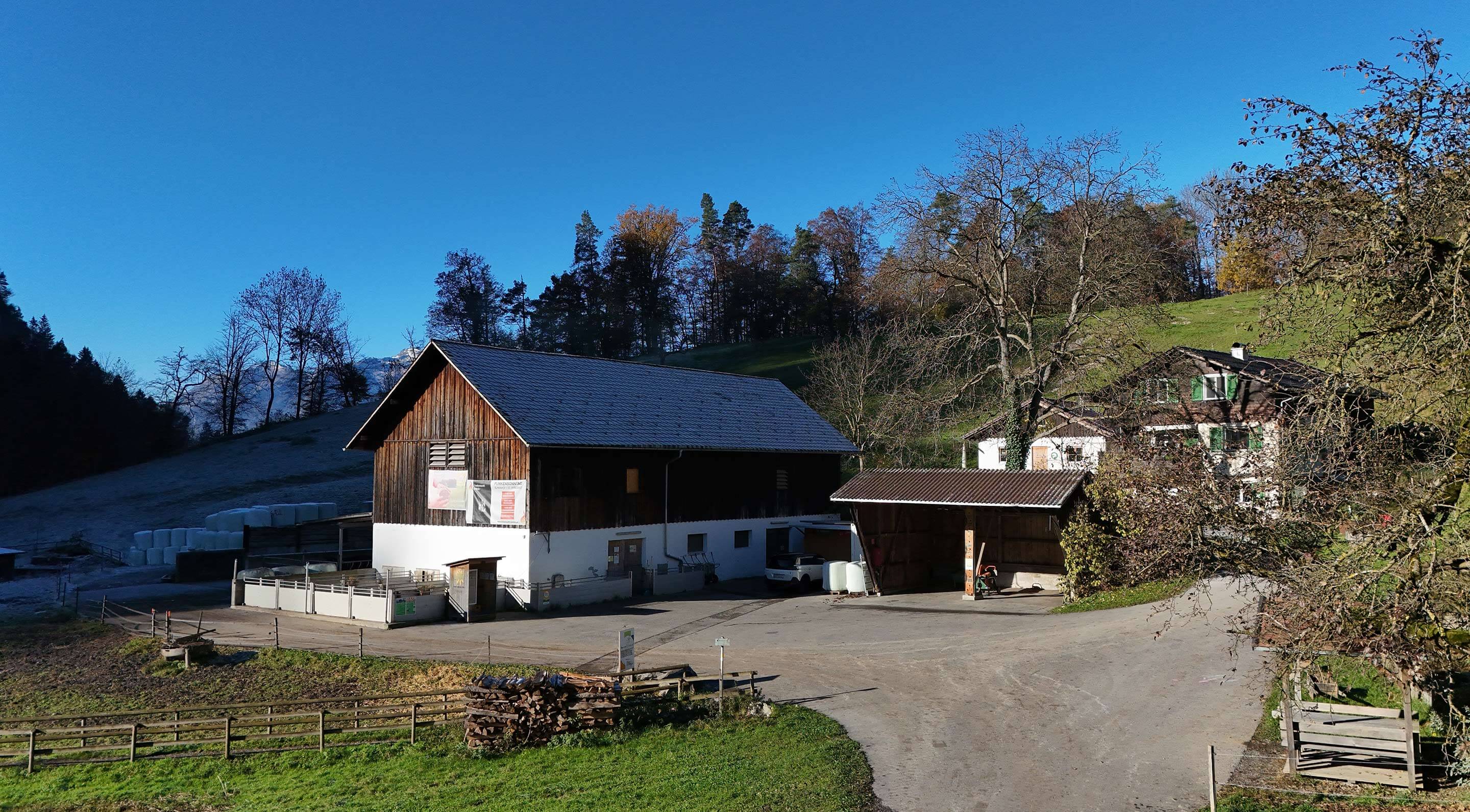 Eine ländliche Szene zeigt ein Bauernhaus mit einem hohen, schrägen Dach, umgeben von Wiesen und Bäumen. Im Vordergrund befinden sich ein Pflasterweg und verschiedene Gebäude, darunter ein Stall. Der Himmel ist klar und hellblau, was auf einen sonnigen Tag hinweist.